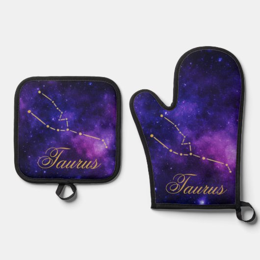 Gold Taurus Sternbild auf der Dunklen Galaxie | Ofenhandschuh & Topflappen-Set (Vorderseite)