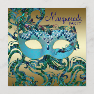 Gold Teal Blau Maskenball Einladungen