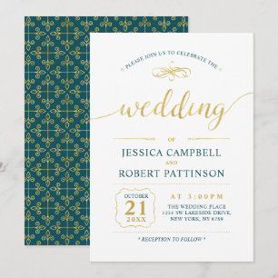 Gold & Teal   Elegante klassische Hochzeitszeremon Einladung