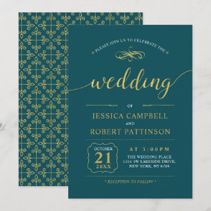 Gold & Teal Elegante klassische Hochzeitszeremon Einladung