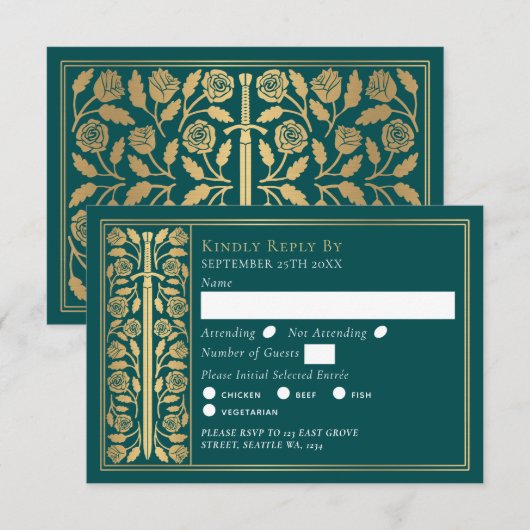 Gold Teal Mittelalter-Schwert Hochzeits-RSVP RSVP Karte (Vorne/Hinten)