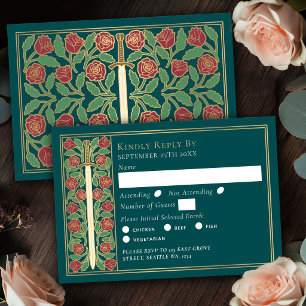 Gold Teal Mittelalterliches Blumen Schwert Hochzei RSVP Karte