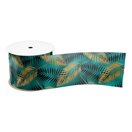 Gold Teal Palm Leaves | Luxe Tropical Pattern Satinband (Spule)