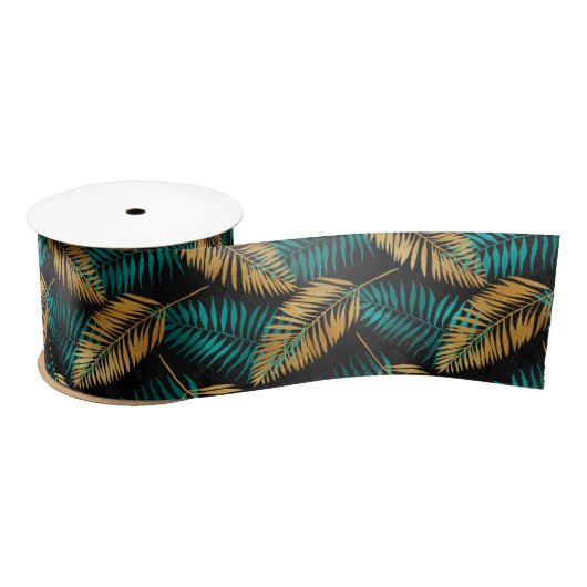 Gold Teal Palm Leaves | Luxe Tropical Pattern Satinband (Spule)