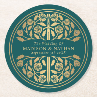 Gold Teal Royal Medieval Sword Wedding Runder Pappuntersetzer