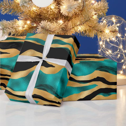 Gold Teal Tiger Stripes | Glam Abstract Animal Geschenkpapier (Feiertage)