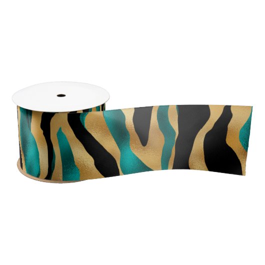 Gold Teal Tiger Stripes | Glam Abstract Animal Satinband (Spule)