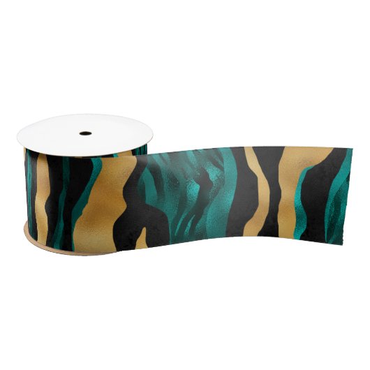 Gold Teal Tiger Stripes | Glam Abstract Animal Satinband (Spule)