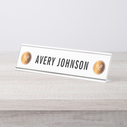 Gold Tennis Rackets Trainer Schreibtischnamensplakette (Vorderseite )