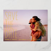 Gold Text bearbeitbar Zwei Multi-Foto SAVE THE DAT Folieneinladung (Vorderseite)