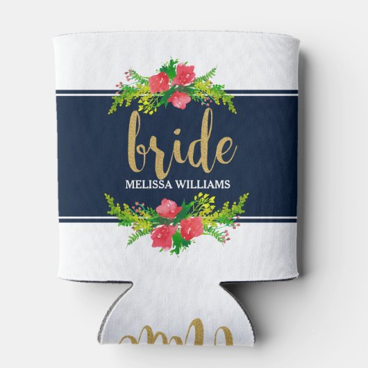 Gold-Text, Blumenstrauß auf Weiß und Blau Dosenkühler (Rückseite)