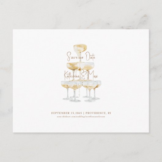 Gold Text Champagner Tower Rettete unser Datum Postkarte (Vorderseite)