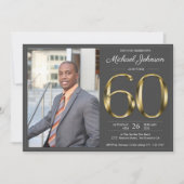 Gold Text Dunkelgrau Klassisches Foto 60. Geburtst Einladung (Vorderseite)