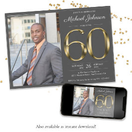 Gold Text Dunkelgrau Klassisches Foto 60. Geburtst Einladung