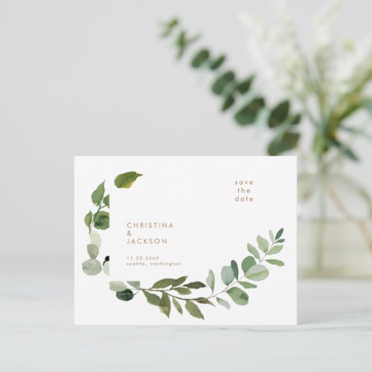 Gold Text Eukalyptus Wedding Save the Date Postkarte (Stehend Vorderseite)