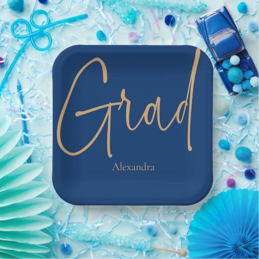 Gold Text Grad Abschluss Blau Pappteller (Party)