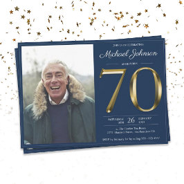 Gold Text Navy Blue Classy Foto 70. Geburtstag Einladung