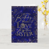 Gold Text Night Sky Belated Birthday Sister Karte (Gelbe Blume)