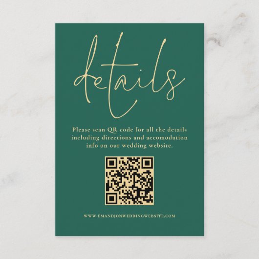 Gold Text QR Code Hochzeitsnacht Grün Details Begleitkarte (Vorderseite)