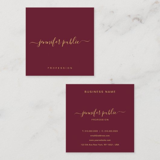Gold Text Script Name Glossy Luxury Burgundy Red Quadratische Visitenkarte (Vorne/Hinten)