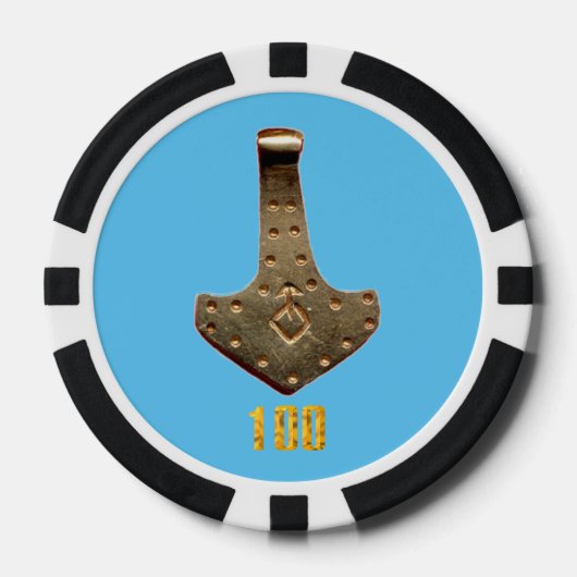 Gold Thor Hammer blauer 100 gestreifter Poker Chip (Vorderseite)