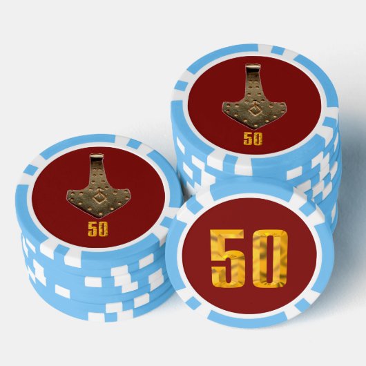 Gold Thor Hammer Red lt blue 50 gestreifter Poker  Pokerchips (Stapel)