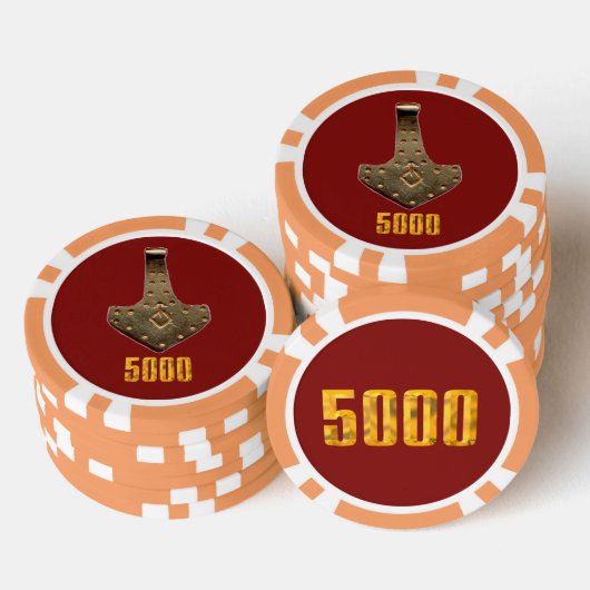 Gold Thor Hammer Red Orange 5000 Stripe Poker Chip (Stapel)