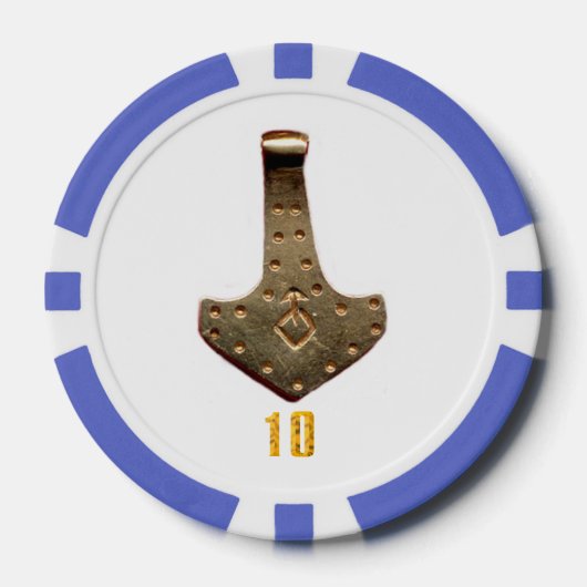 Gold Thor Hammer White Blue 10 gestreifter Poker C Pokerchips (Vorderseite)