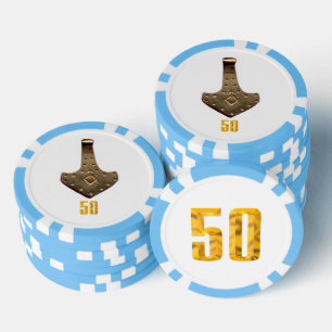 Gold Thor Hammer White Blue 50 Stripe Poker Chip
