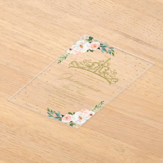 Gold Tiara Blush Blume Quinceañera Acryleinladungen (Ablage )