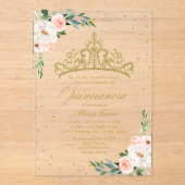 Gold Tiara Blush Blume Quinceañera Acryleinladungen (Vorderseite)