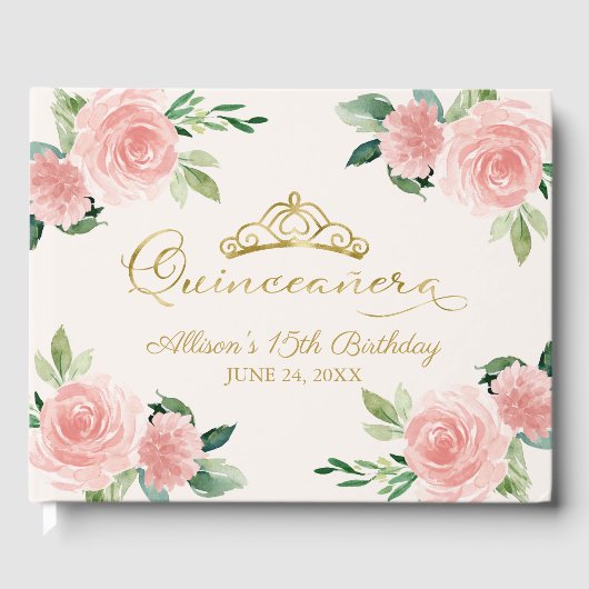Gold Tiara Blush Pink Floral Quinceanera Gästebuch (Vorderseite)