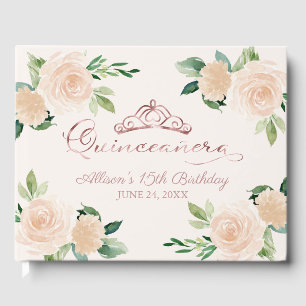 Gold Tiara Blush Pink Floral Quinceanera Guest Boo Gästebuch
