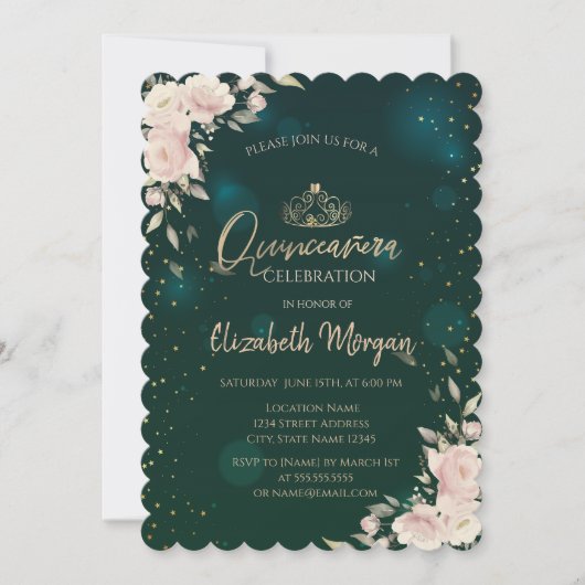 Gold Tiara, Boho Blume Green Quinceañera Einladung (Vorderseite)