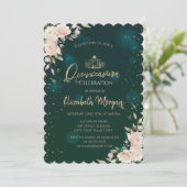 Gold Tiara, Boho Blume Green Quinceañera Einladung (Stehend Vorderseite)