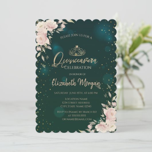Gold Tiara, Boho Blume Green Quinceañera Einladung (Stehend Vorderseite)