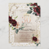 Gold Tiara,Burgundy Flowers 30th Birthday Einladung (Vorne/Hinten)