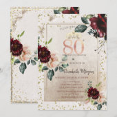 Gold Tiara,Burgundy Flowers  80th Birthday Einladung (Vorne/Hinten)