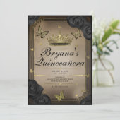 Gold Tiara Butterfets Black Rose Quinceañera Einladung (Stehend Vorderseite)