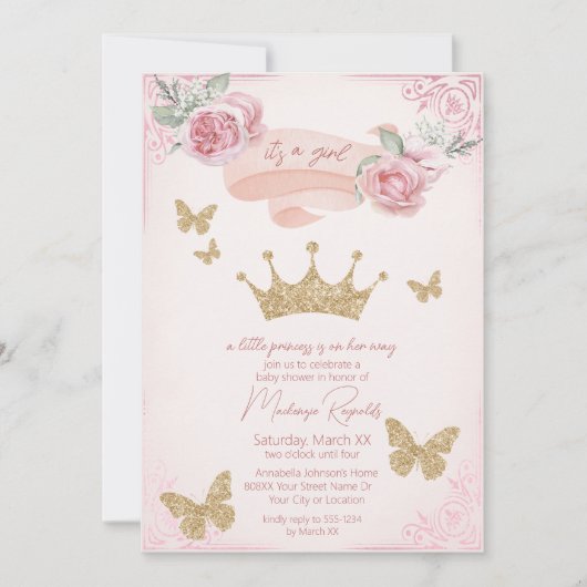 Gold Tiara & Butterfliegen Princess Baby Shower Einladung (Vorderseite)