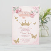 Gold Tiara & Butterfliegen Princess Baby Shower Einladung (Stehend Vorderseite)