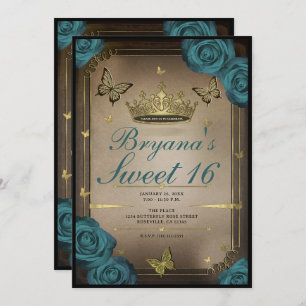 Gold Tiara Butterflies Aquamarine Rose Sweet 16 Einladung