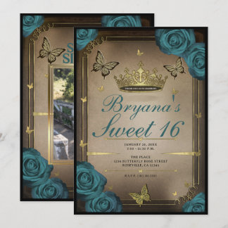 Gold Tiara Butterflies Aquamarine Rose Sweet 16 Einladung
