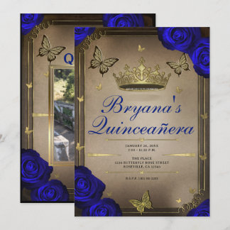 Gold Tiara Butterflies Blue Rose Quinceañera Einladung