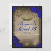 Gold Tiara Butterflies Blue Rose Sweet 16 Einladung (Vorderseite)