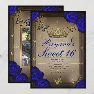 Gold Tiara Butterflies Blue Rose Sweet 16 Einladung