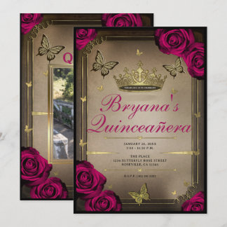Gold Tiara Butterflies Magenta Rose Quinceañera Einladung