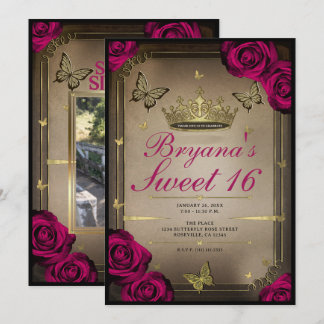 Gold Tiara Butterflies Magenta Rose Sweet 16 Einladung