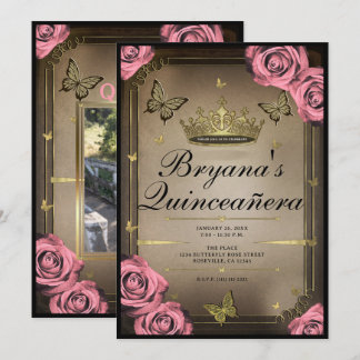 Gold Tiara Butterflies Pink Roses Quinceañera Einladung