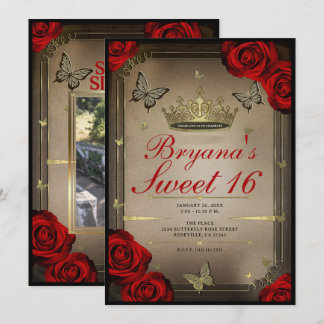 Gold Tiara Butterflies & Rote Rosen Sweet 16 Foto Einladung